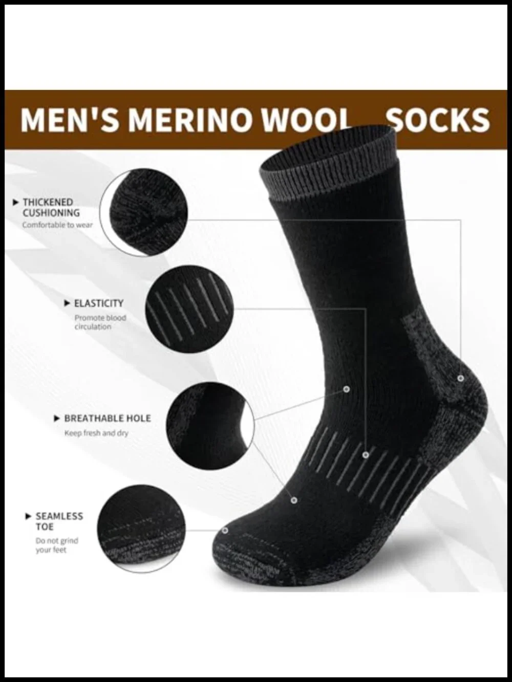 80% Merino Wool Hiking Boot Socks Cushioned Moisture-Wicking Arch Support